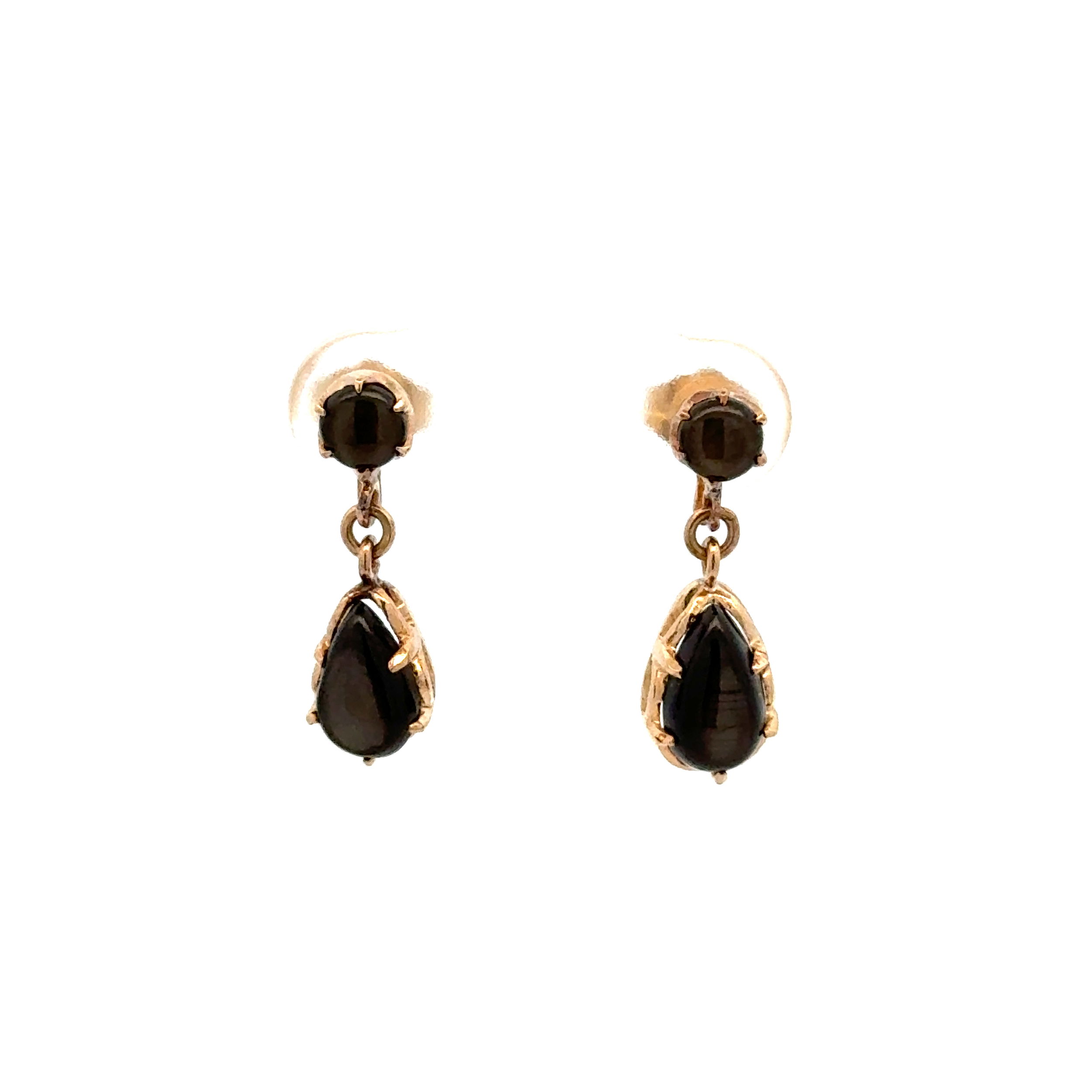 14K YG 3.00tcw Round & Pear Black Star Sapphire Drop Earrings 2.5g, .75 14K YG 3.00tcw Round & Pear Black Star Sapphire Drop Earrings 2.5g, .75