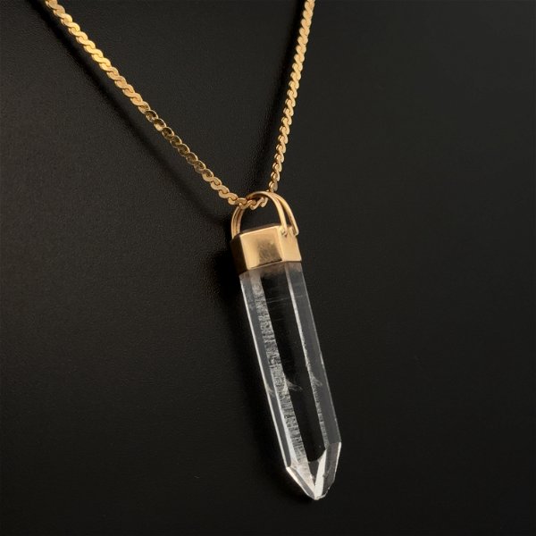 Closeup photo of 14K YG Wrapped Clear Crystal Drop Pendant Necklace 8.9g, 24"
