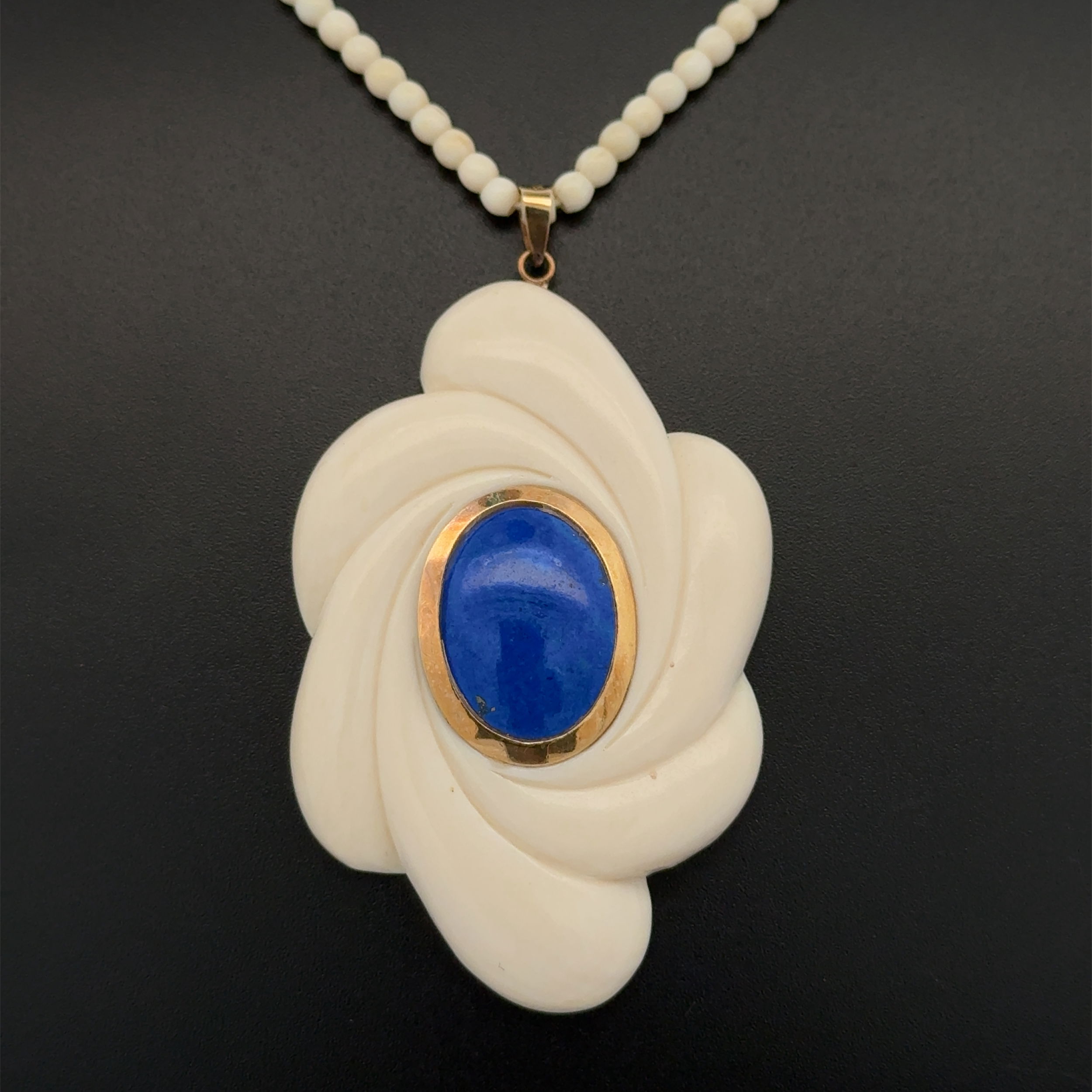 14K YG Bone & Oval Lapis Pendant on Bone Bead Necklace 16.6g, 20" 14K YG Bone & Oval Lapis Pendant on Bone Bead Necklace 16.6g, 20"