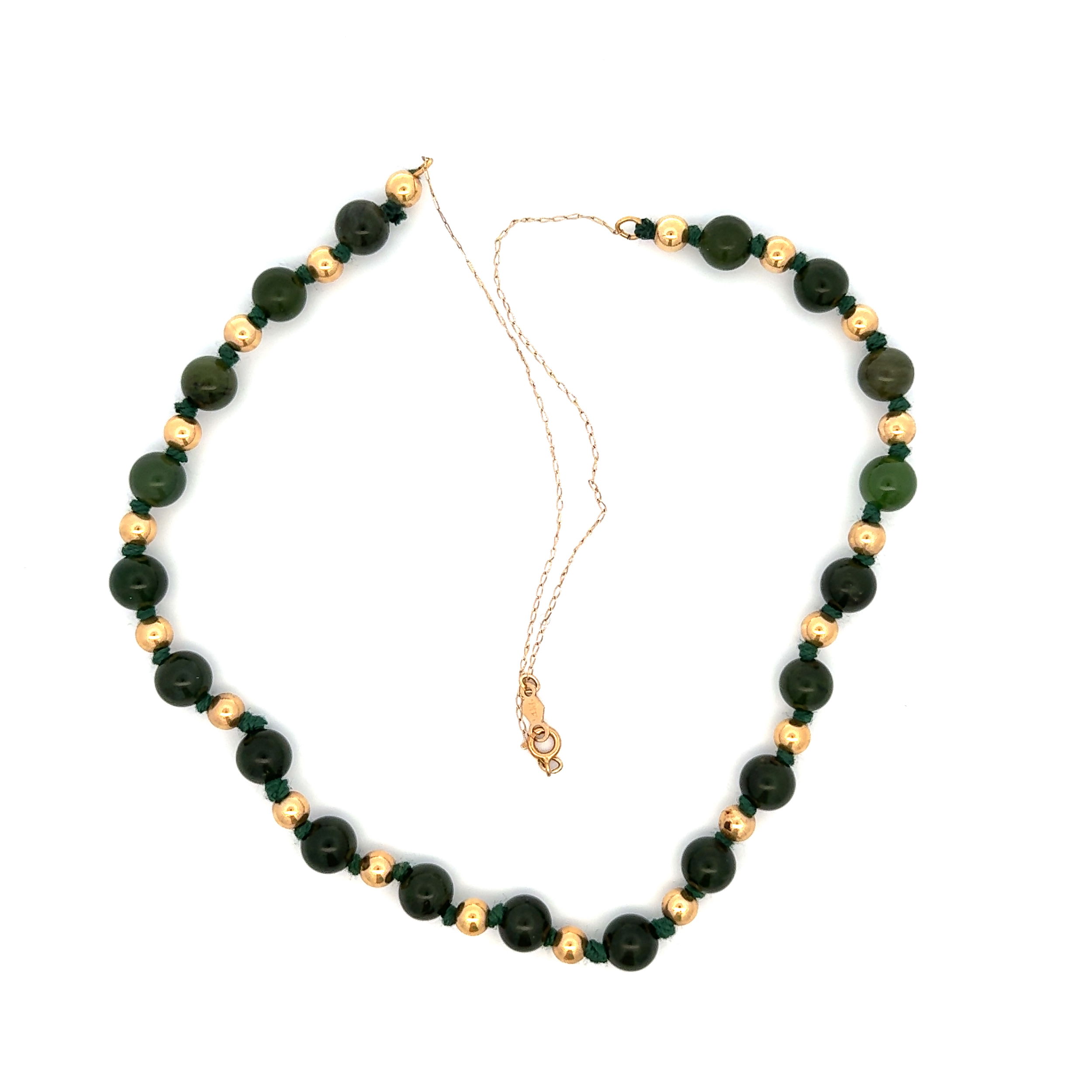 14K YG 7.2mm Nephrite Jade & 4.75mm Gold Bead Necklace 11.6g, 18"