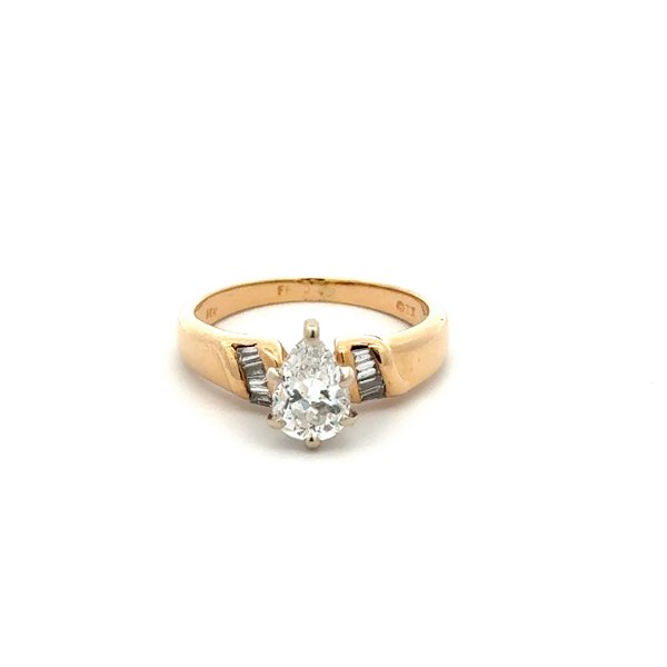 Closeup photo of 14K YG .74ct Pear Diamond & .16tcw Baguette Diamond Ring 3.3g, s5.25