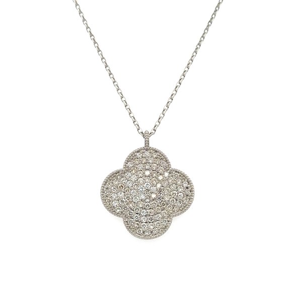 Closeup photo of Platinum 3.00tcw RBC Diamond Pave Alhambra VCA Style Pendant Necklace 14.7g, 20"