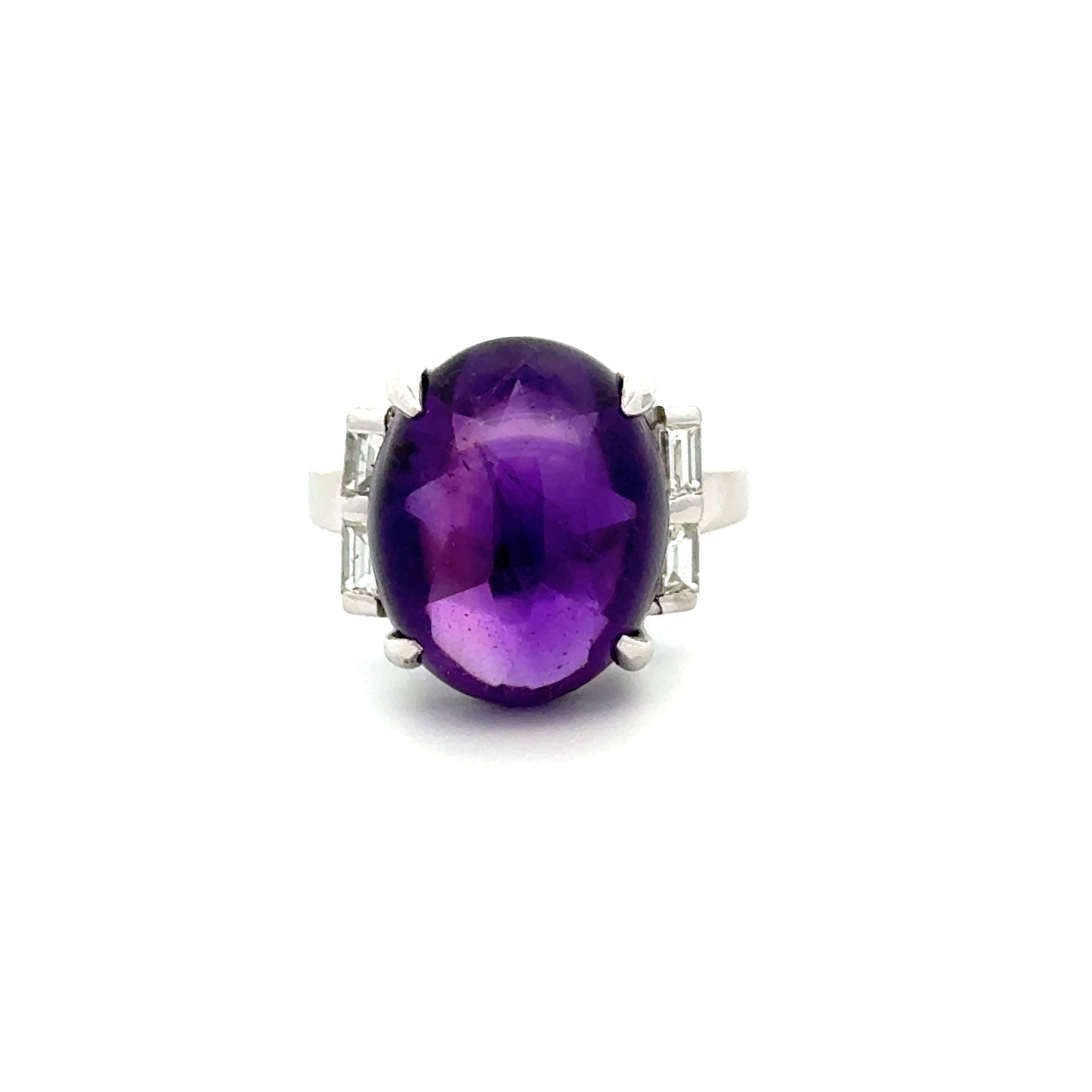 Platinum Art Deco 8.99ct Cabochon Amethyst & .45tcw Baguette Diamond Ring 8.9g, s5.5