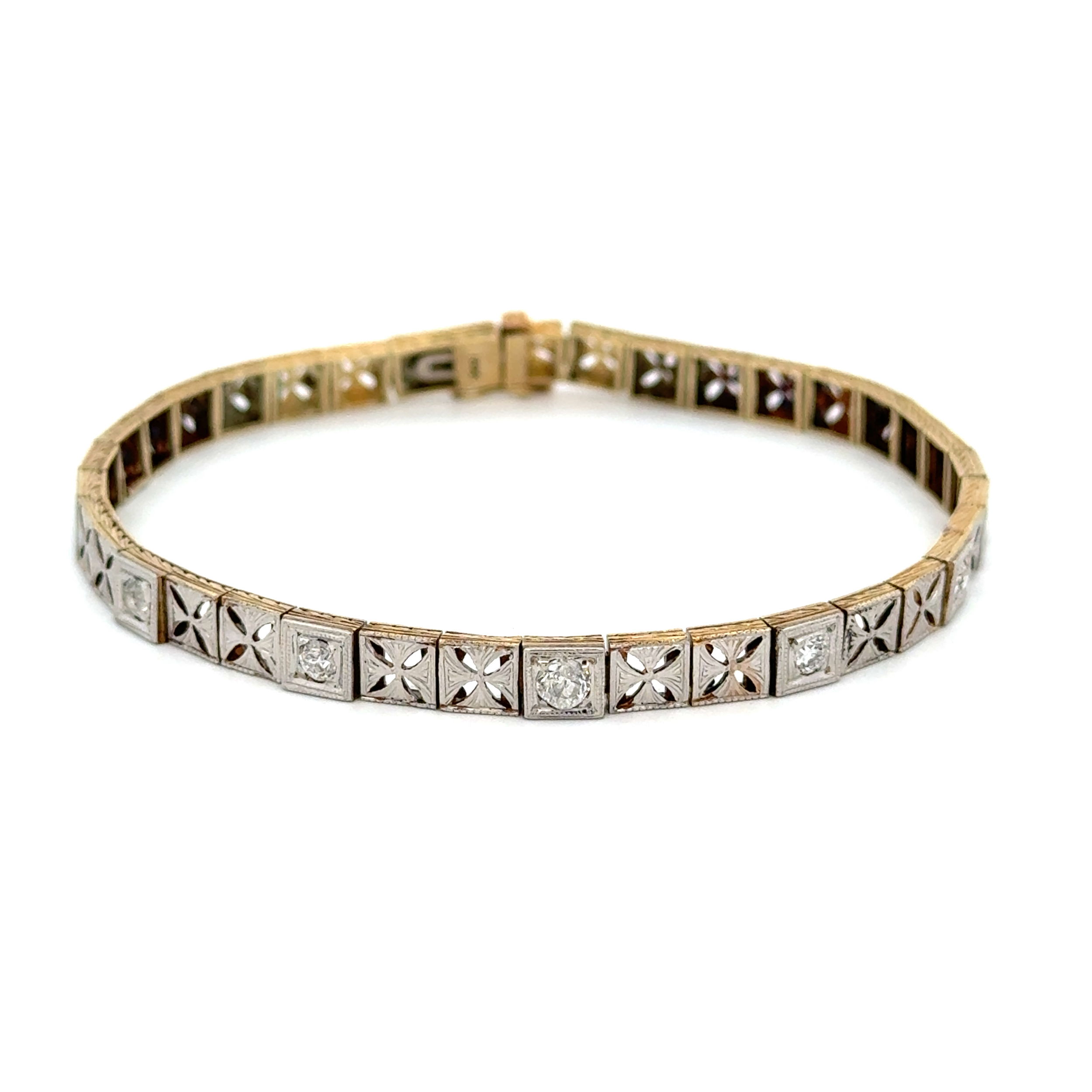 14K 2tone Edwardian Filigree .50tcw OEC Diamond Bracelet 13.0g, 7.25"