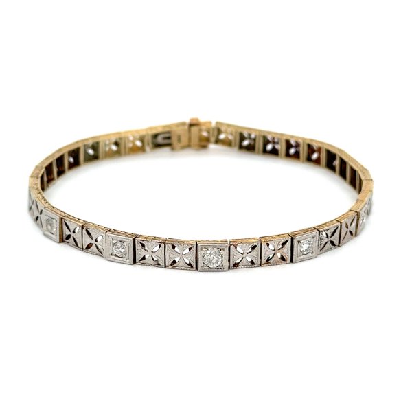 Closeup photo of 14K 2tone Edwardian Filigree .50tcw OEC Diamond Bracelet 13.0g, 7.25"