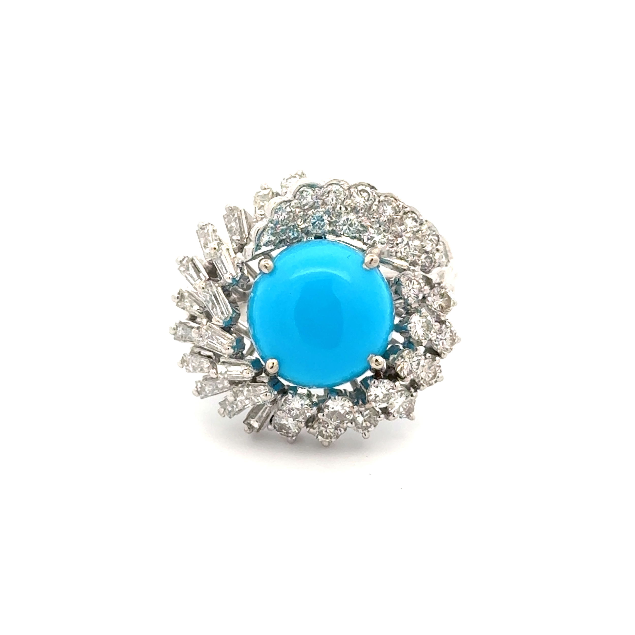 14K WG 5.50ct Round Turquoise & 1.35tcw Baguette & Round Diamond Ring 9.9g, s7 14K WG 5.50ct Round Turquoise & 1.35tcw Baguette & Round Diamond Ring 9.9g, s7