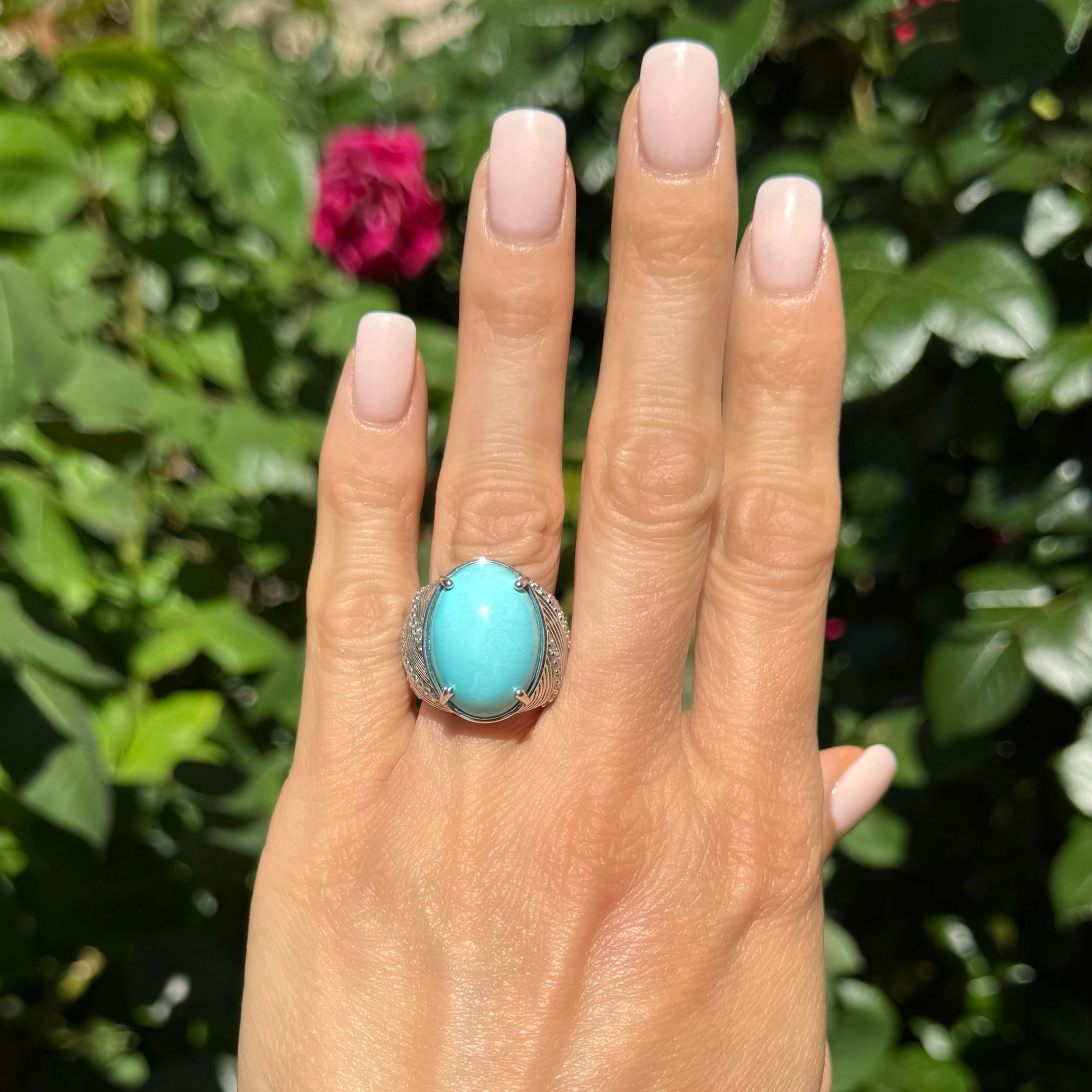 18K WG ZYDO 13.40ct Persian Turquoise & .80tcw RBC Diamond Bombay Filigree Ring 12.8g, s7