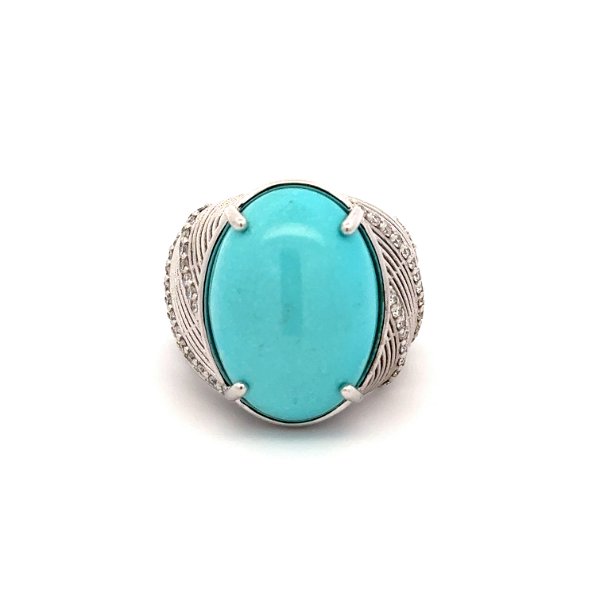Closeup photo of 18K WG ZYDO 13.40ct Persian Turquoise & .80tcw RBC Diamond Bombay Filigree Ring 12.8g, s7