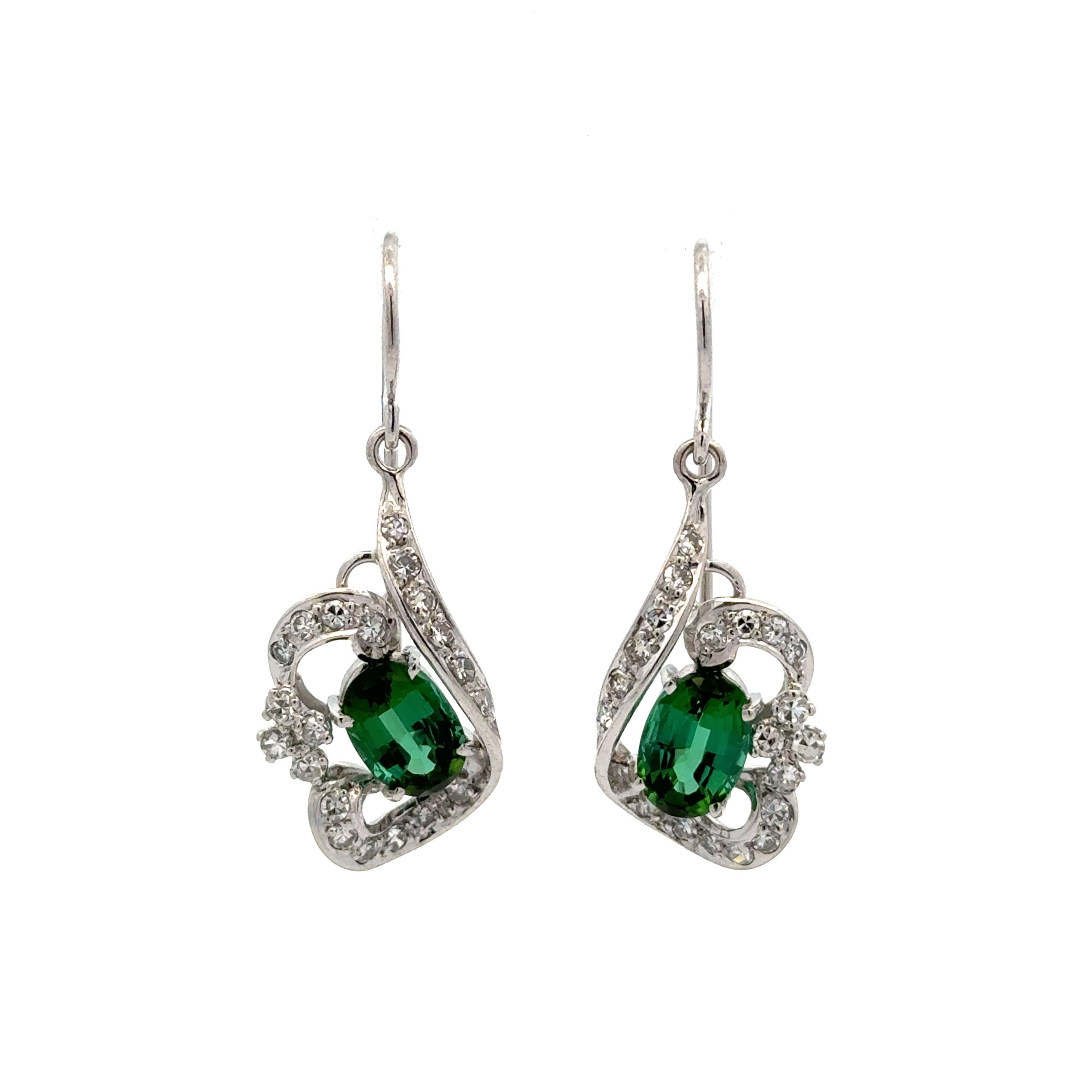 14K WG 1950's 3.00tcw Oval Bluish Green Tourmaline & .65tcw Diamond Earrings on Wire 6.9g, .75"