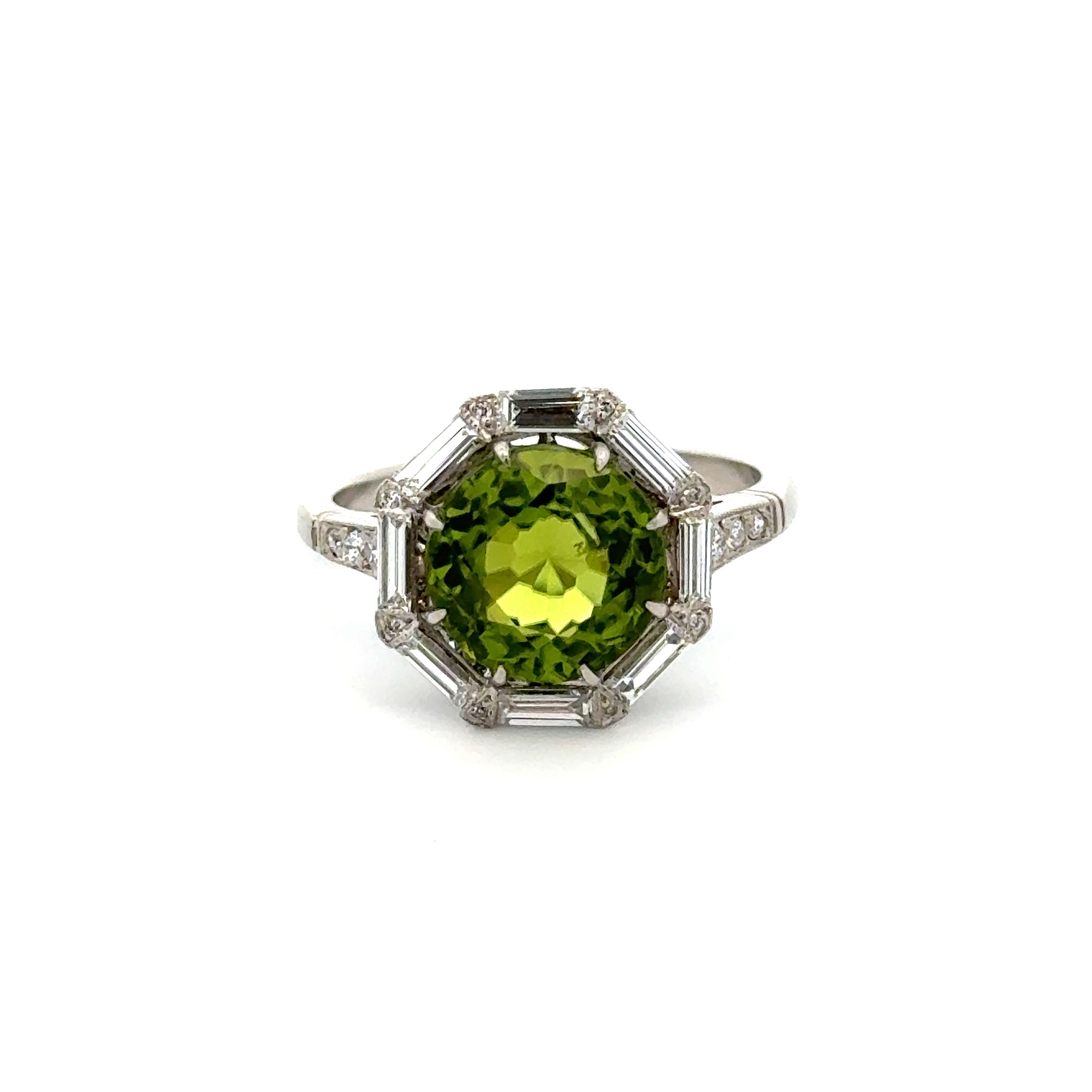 Platinum Art Deco 3.82ct Round Peridot & .80tcw Octagon Filigree Ring 5.3g, s6.75