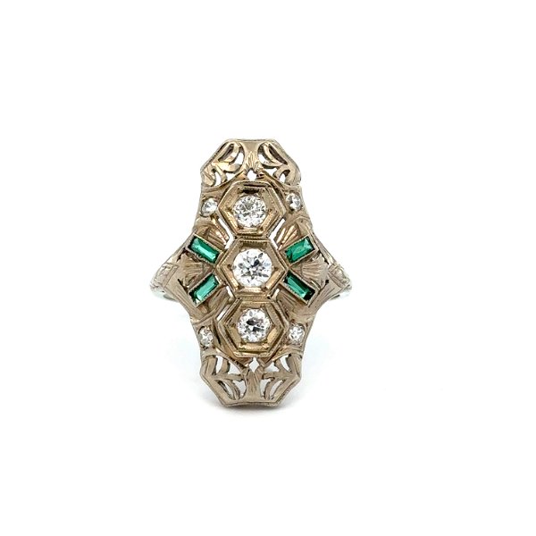 Closeup photo of 18K WG Art Deco .50tcw OEC Diamond & .20tcw Emerald Filigree Navette Ring 4.2g, s7.75