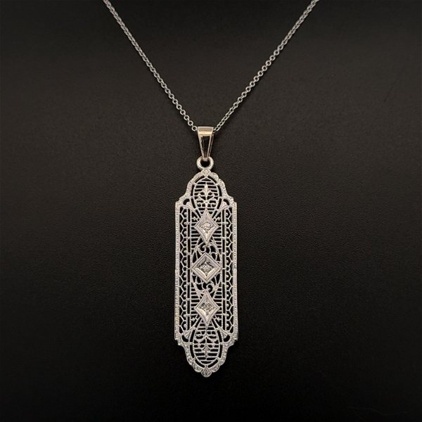 Closeup photo of 14K WG Art Deco Navette Filigree .06tcw Diamond Drop Pendant Necklace 2.6g, 16"