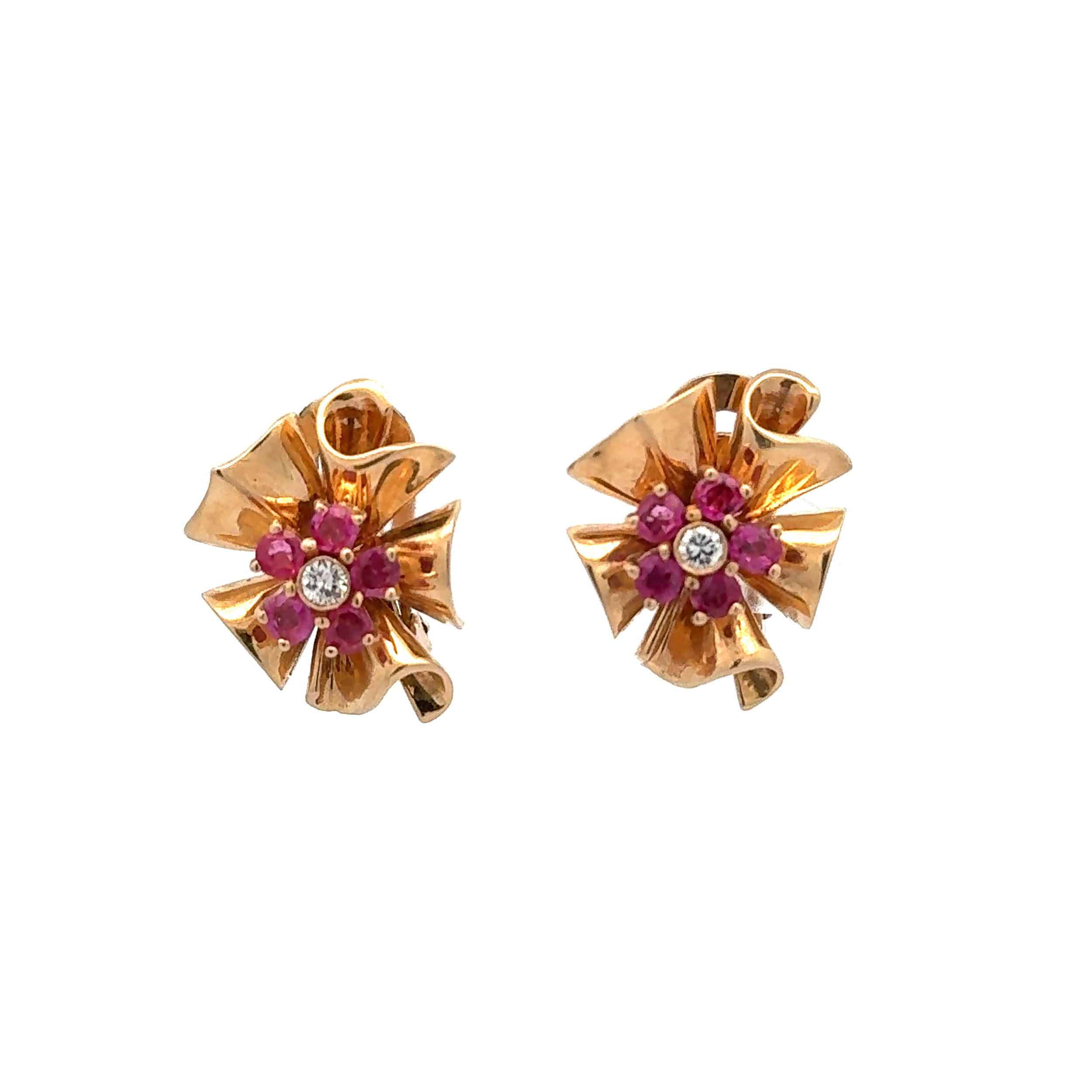 14K RG RETRO 1.10tcw Ruby & .20tcw RBC Diamond Flower Clip Earrings 11.3g, .75"