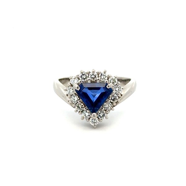 Closeup photo of Platinum 1.50ct Trillon Superman Sapphire & .49tcw RBC Diamond Ring 7.2g, s6.75