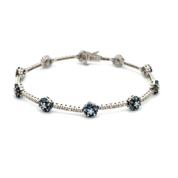 Closeup photo of 14K WG 2.50tcw Rnd Sapphire Flower & .85tcw RBC Diamond Link Bracelet 9.0g, 7"