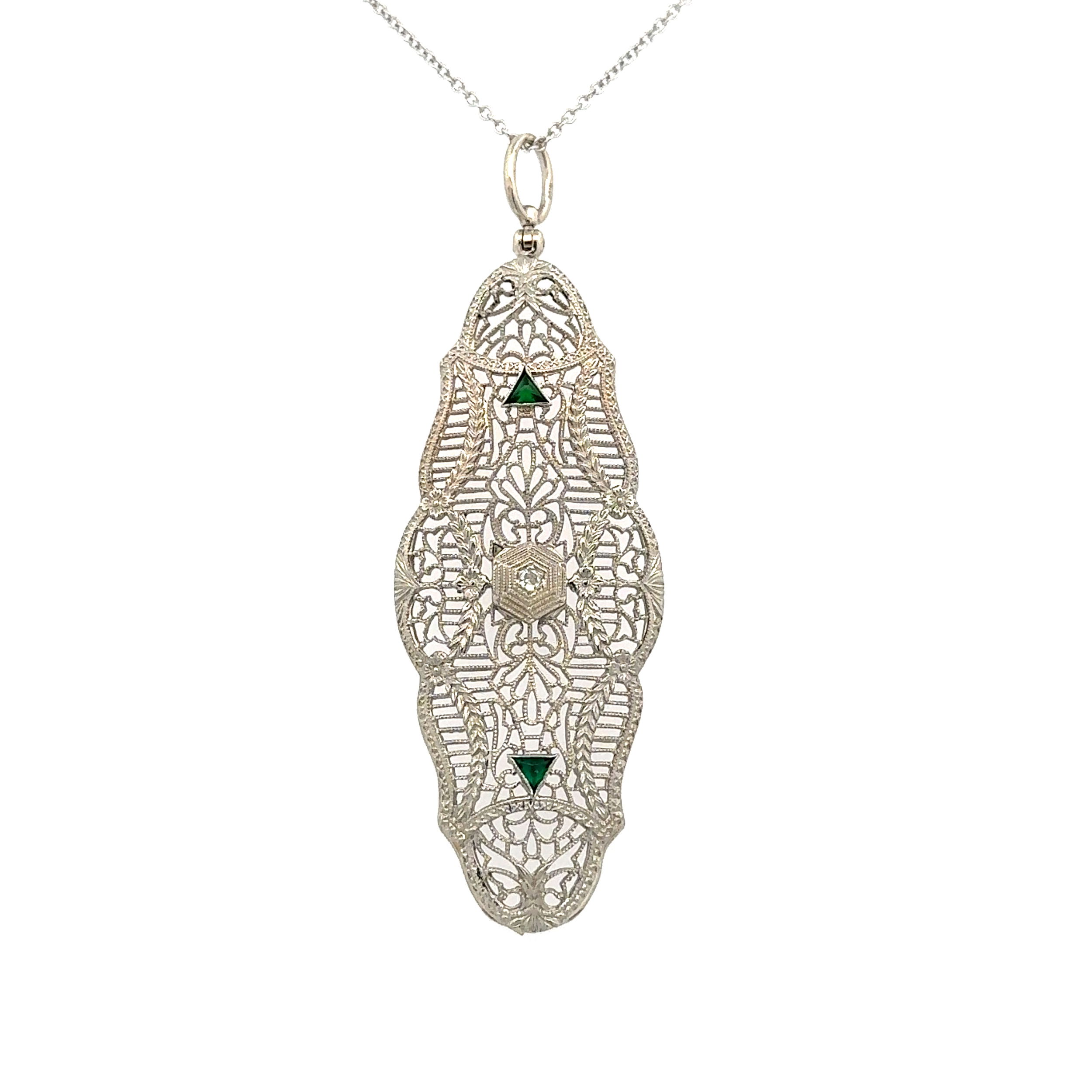 14KWG Art Deco Filigree .02ct Diamond & Green Stone Navette Pendant Necklace 7.0g, 16"