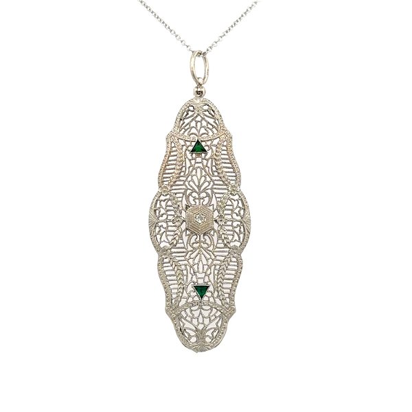 Closeup photo of 14KWG Art Deco Filigree .02ct Diamond & Green Stone Navette Pendant Necklace 7.0g, 16"