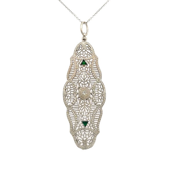 Closeup photo of 14KWG Art Deco Filigree .02ct Diamond & Green Stone Navette Pendant Necklace 7.0g, 16"