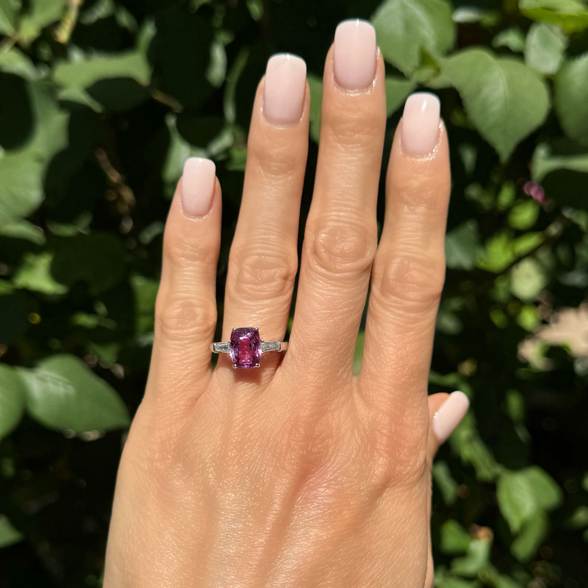 18K WG 3.69ct Bubblegum Pink Rectangular Cushion Sapphire & .30tcw Baguette Diamond Ring 5.3g, s6.5