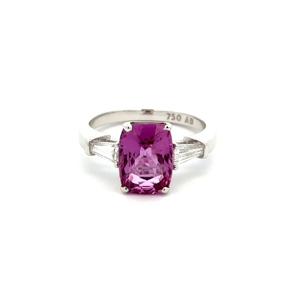 Closeup photo of 18K WG 3.69ct Bubblegum Pink Rectangular Cushion Sapphire & .30tcw Baguette Diamond Ring 5.3g, s6.5