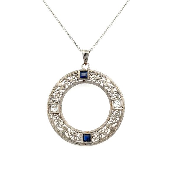 Closeup photo of 14K WG Art Deco .30tcw OEC Diamond, .40tcw Syn Sapphire Filigree Open Circle Pendant Necklace 5.8g, s16"