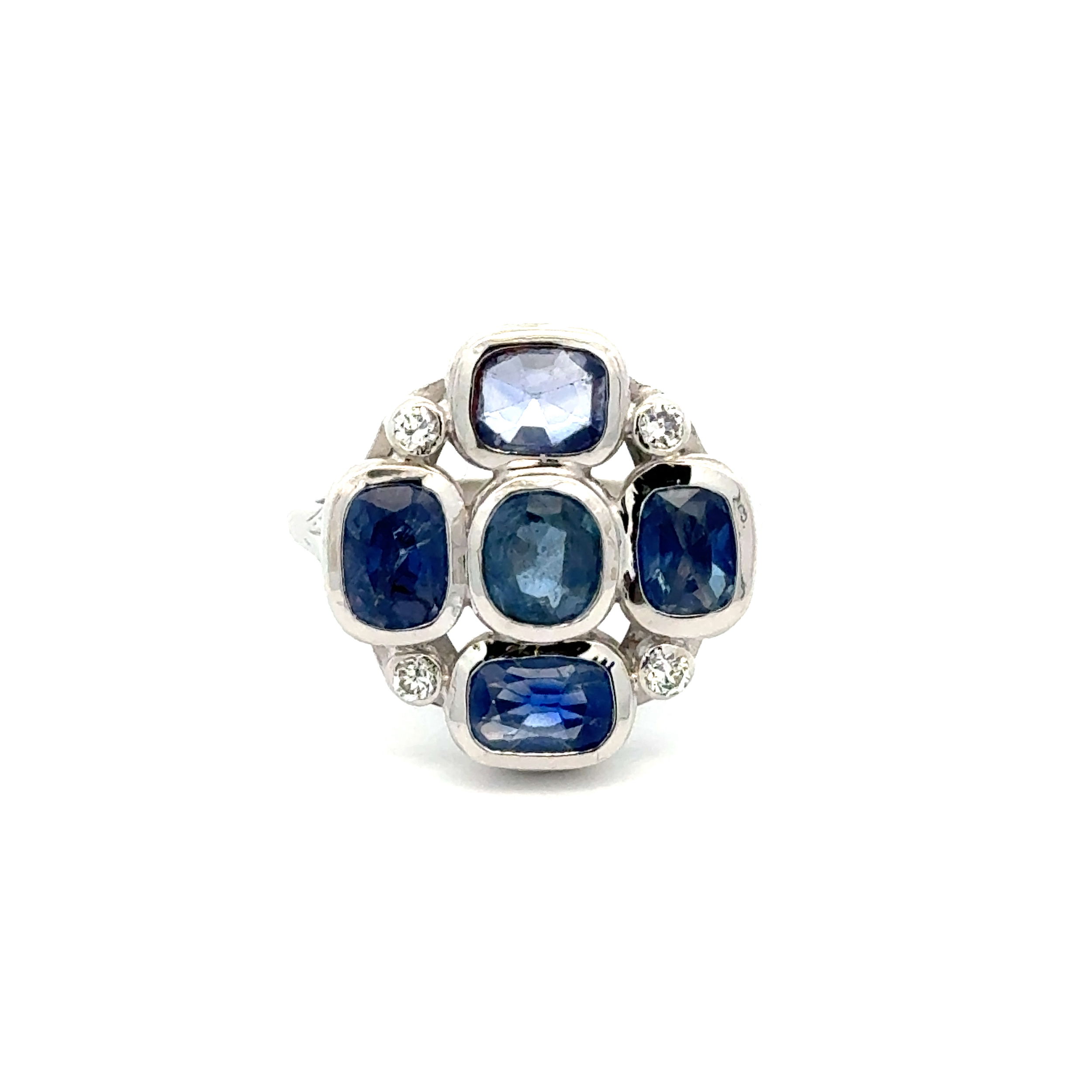 14K WG 4.06tcw Cushion Sapphire Cluster & .20tcw RBC Diamond Ring 6.9g, s7.5 14K WG 4.06tcw Cushion Sapphire Cluster & .20tcw RBC Diamond Ring 6.9g, s7.5