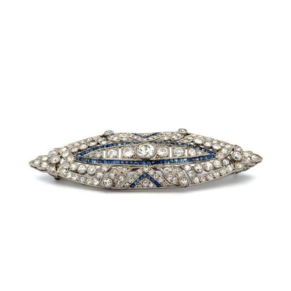 Closeup photo of Platinum Art Deco .30ct OEC Diamond, 2.20tcw OEC Diamond & 1.50tcw Sapphire Navette Contoured Brooch 9.3g, 2.25"
