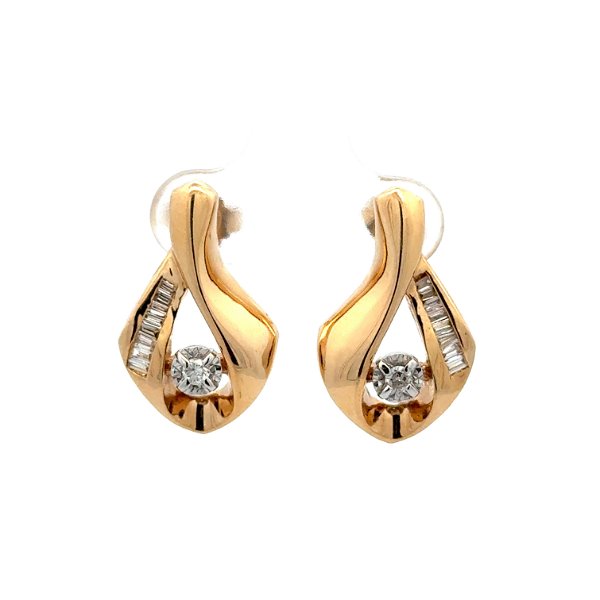Closeup photo of 14K YG Open .34tcw Baguette & RBC Diamond Earrings 5.9g,