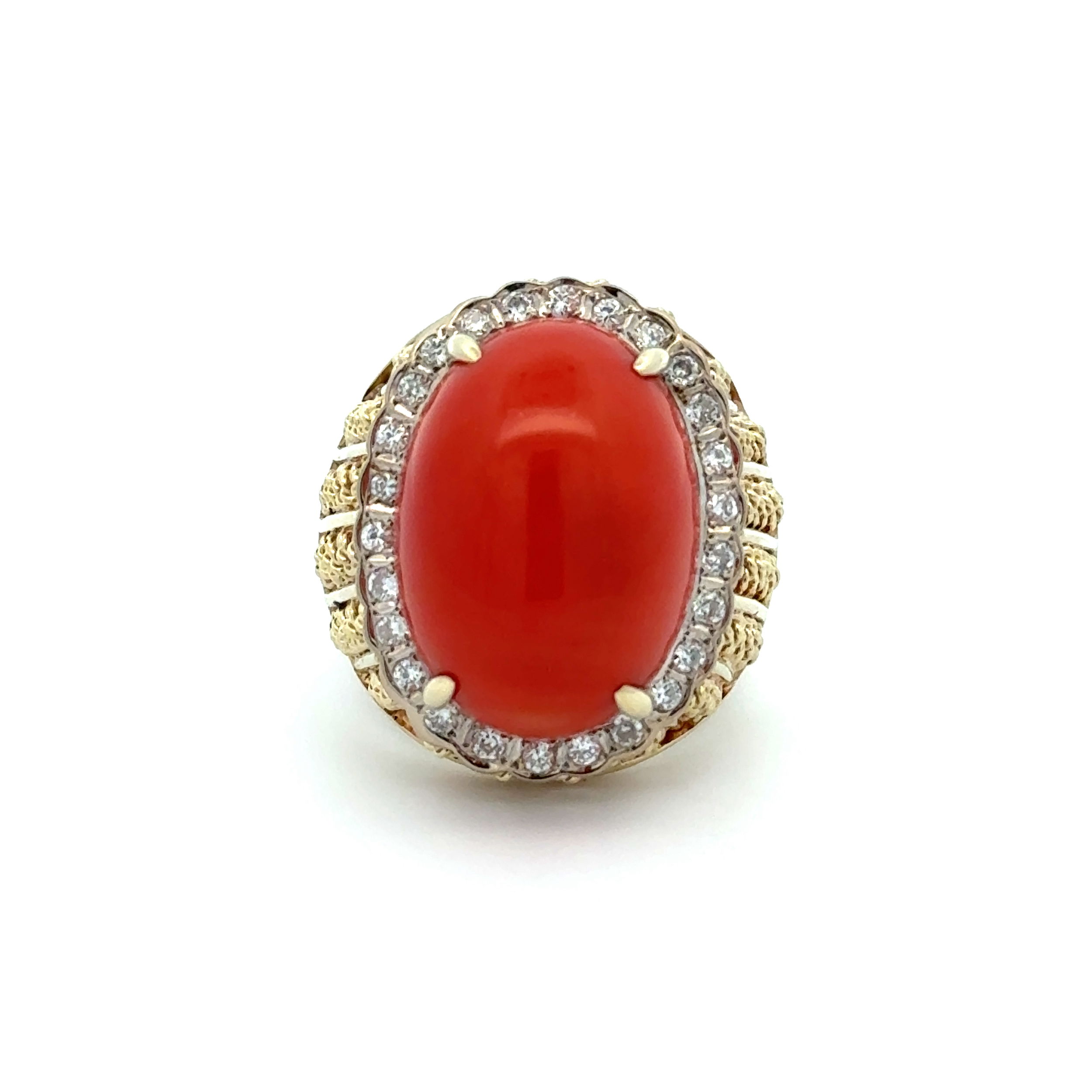 18K & 14K YG 1960's 10ct Oval Pacific Coral & .52tcw RBC Diamond Open Rope Bombay Ring 16.7g, s7.5