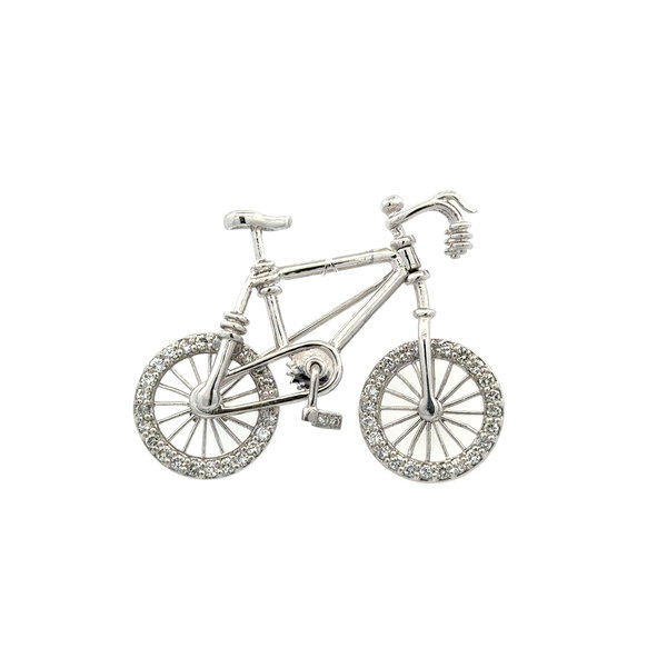 Closeup photo of Platinum Articulating Bicycle Brooch .80tcw RBC Diamond Wheels & Pedal 12.9g
