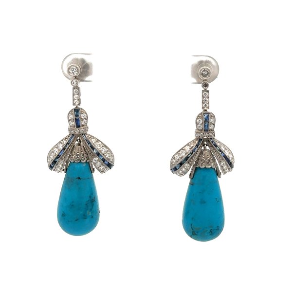 Closeup photo of Platinum 35tcw Kingman Cabochon Turquoise, 1.17tcw OEC Diamond & 1.63tcw French Cut Sapphire Drop Earrings