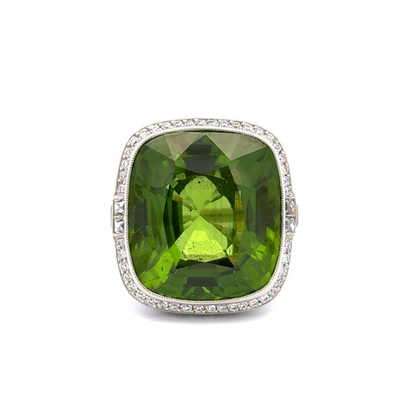 Closeup photo of Platinum 41.84ct Intense Green Peridot GIA, .22tcw French Cut Diamonds & .67tcw OEC Diamond Cocktail Ring 19.7g, s7