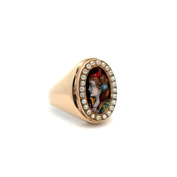Closeup photo of 14K YG Victorian Hand Painted Lady & Seed Pearl Bezel Marriage Ring 9.0g, s5