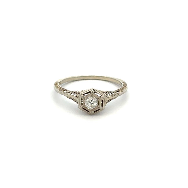 Closeup photo of 18K WG Art Deco .20ct Old European Cut Diamond & Filigree Ring 1.1g, s5.5