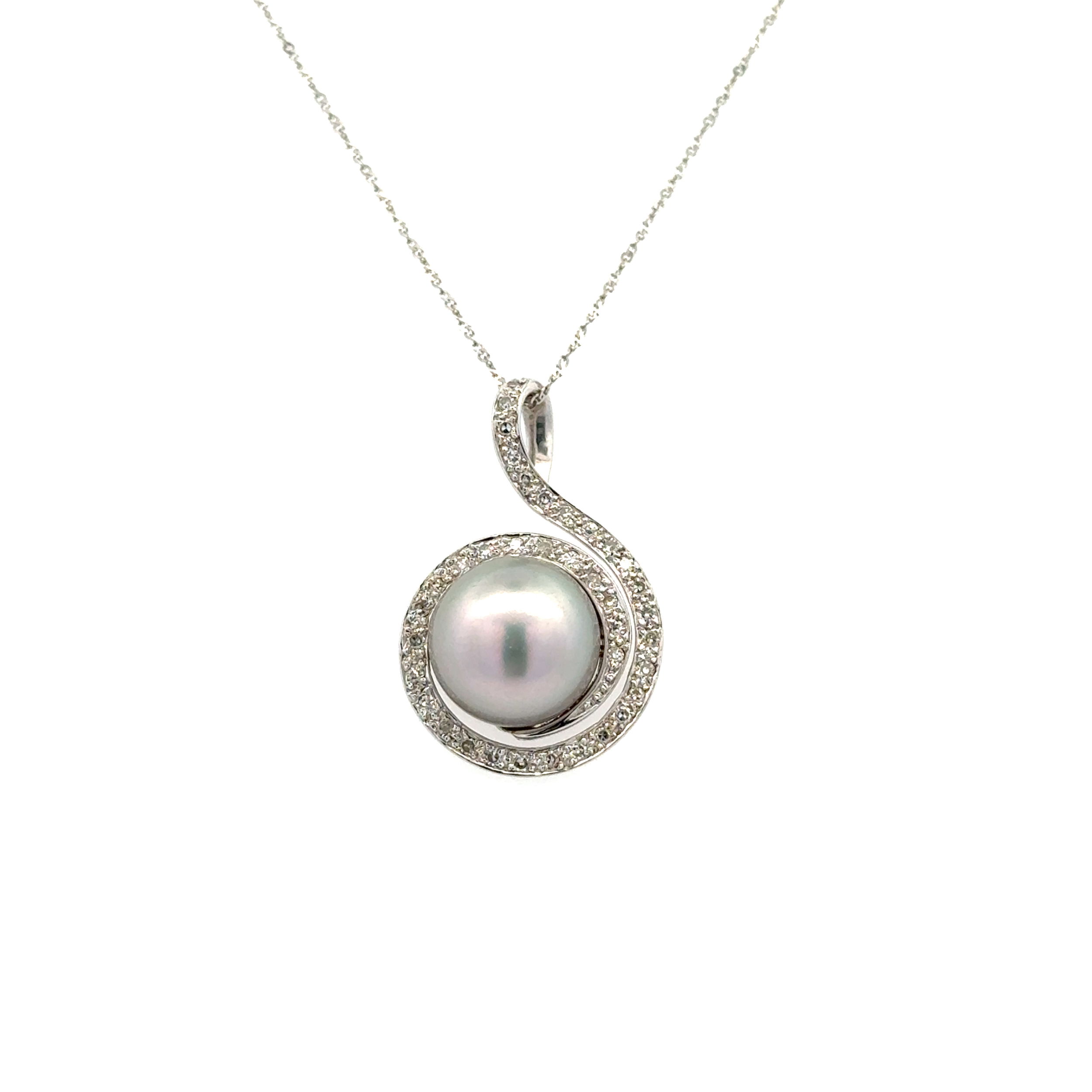 14K WG 11mm Silver Tahitian Pearl in .37tcw Diamond Swirl Pendant Necklace 4.4g, 17"