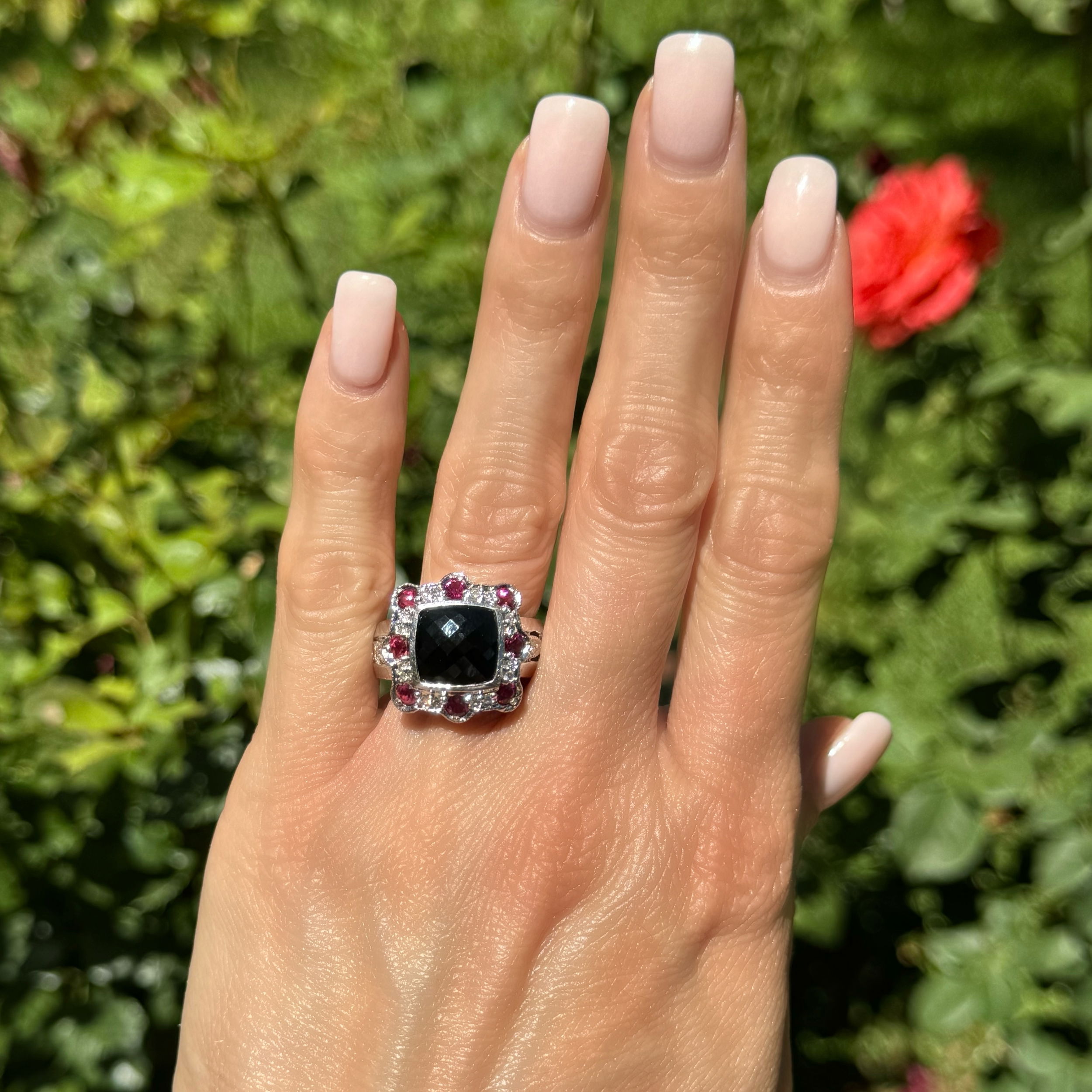14K WG Checkerboard Onyx, 1.00tcw Rubelite & .20tcw Diamond Milgrain Ring 9.3g, s10 14K WG Checkerboard Onyx, 1.00tcw Rubelite & .20tcw Diamond Milgrain Ring 9.3g, s10