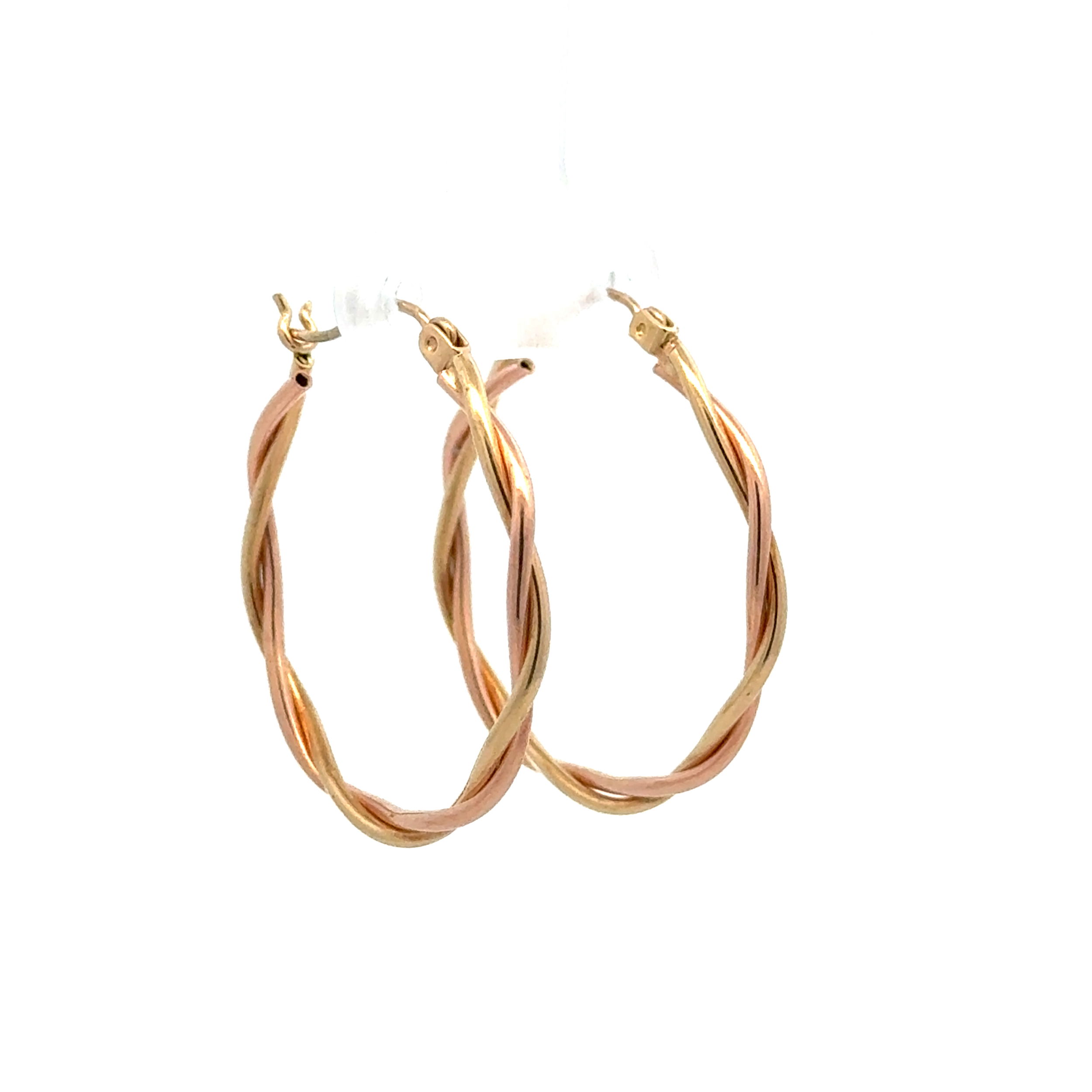 14K Green & Rose Gold Twisted Hoop Earrings 2.1g, 1.25"