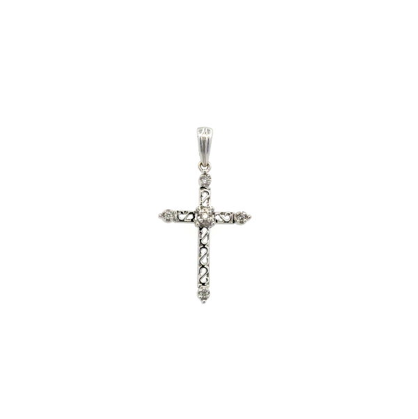 Closeup photo of 14K WG Open Weave & .05tcw Diamond Cross Pendant 1.0g