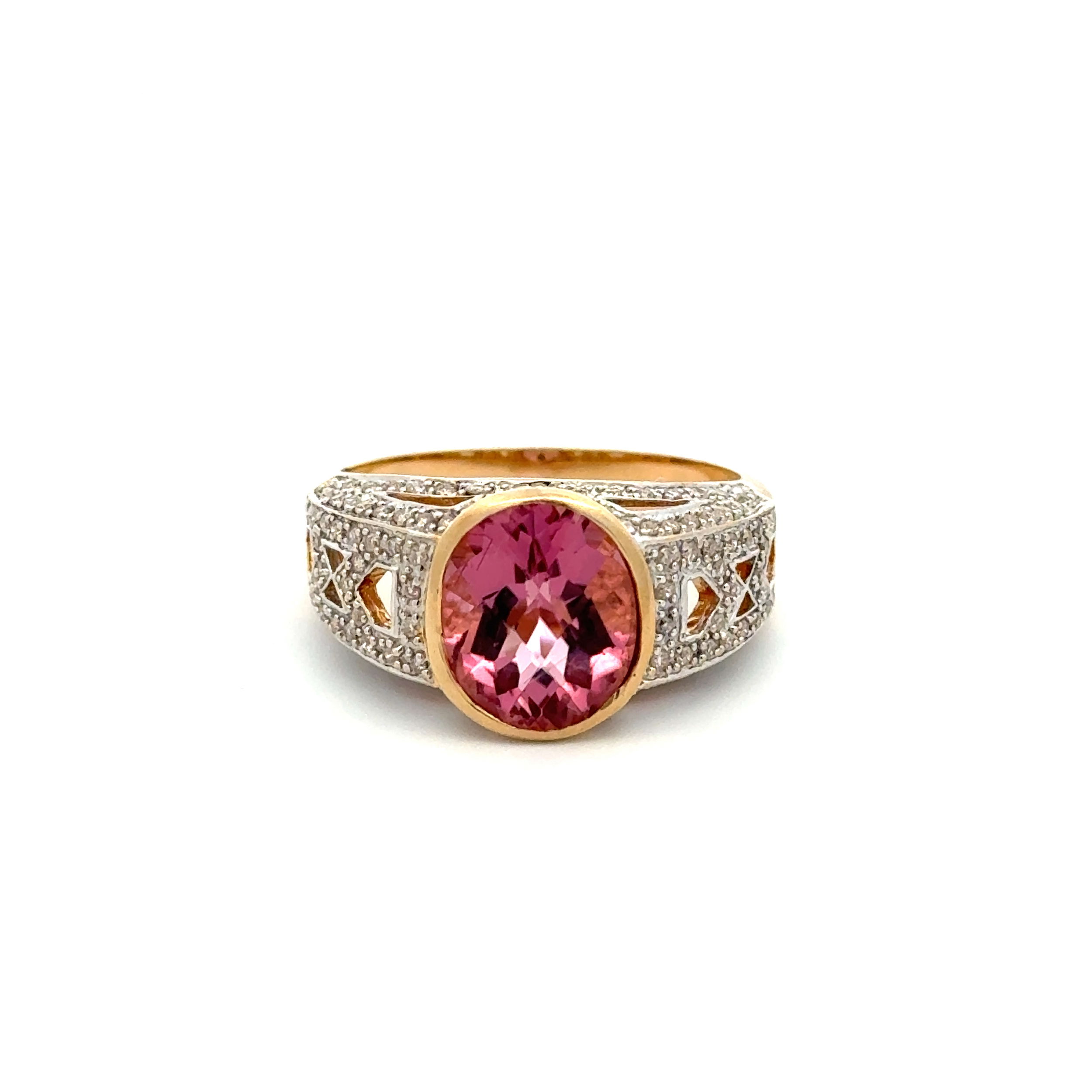 14K 2tone 4.90ct Checkerboard Oval Rubellite Tourmaline & .60tcw Diamond Ring 6.4g, s10