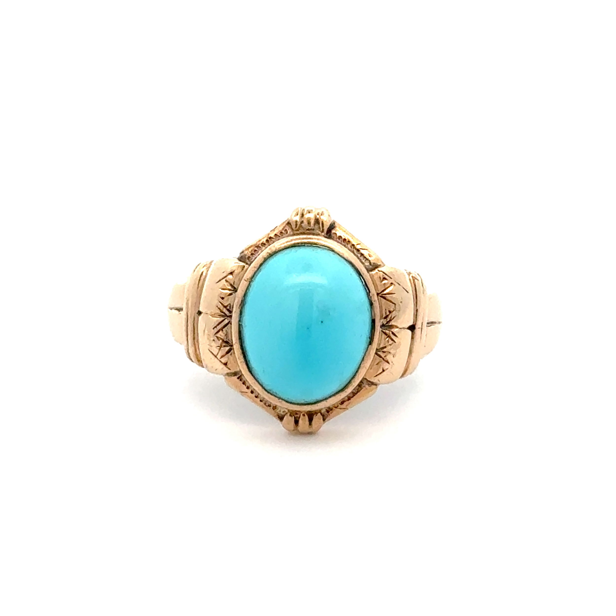 10K YG Antique 4.11ct Cabochon Turquosie Engraved Ring 4.2g, s8.5