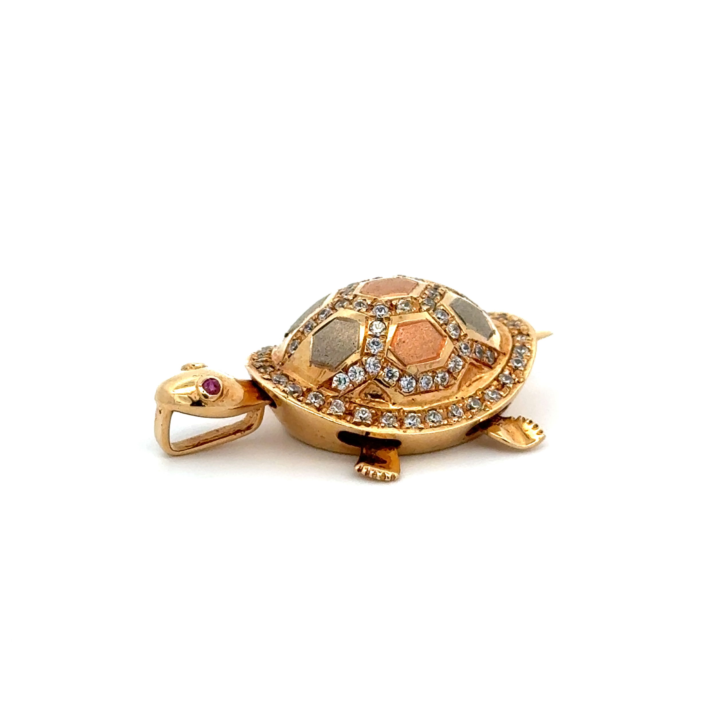 14K 3tone Articulating Turtle 1.00tcw White Sapphires & Ruby Eyes 7.9g