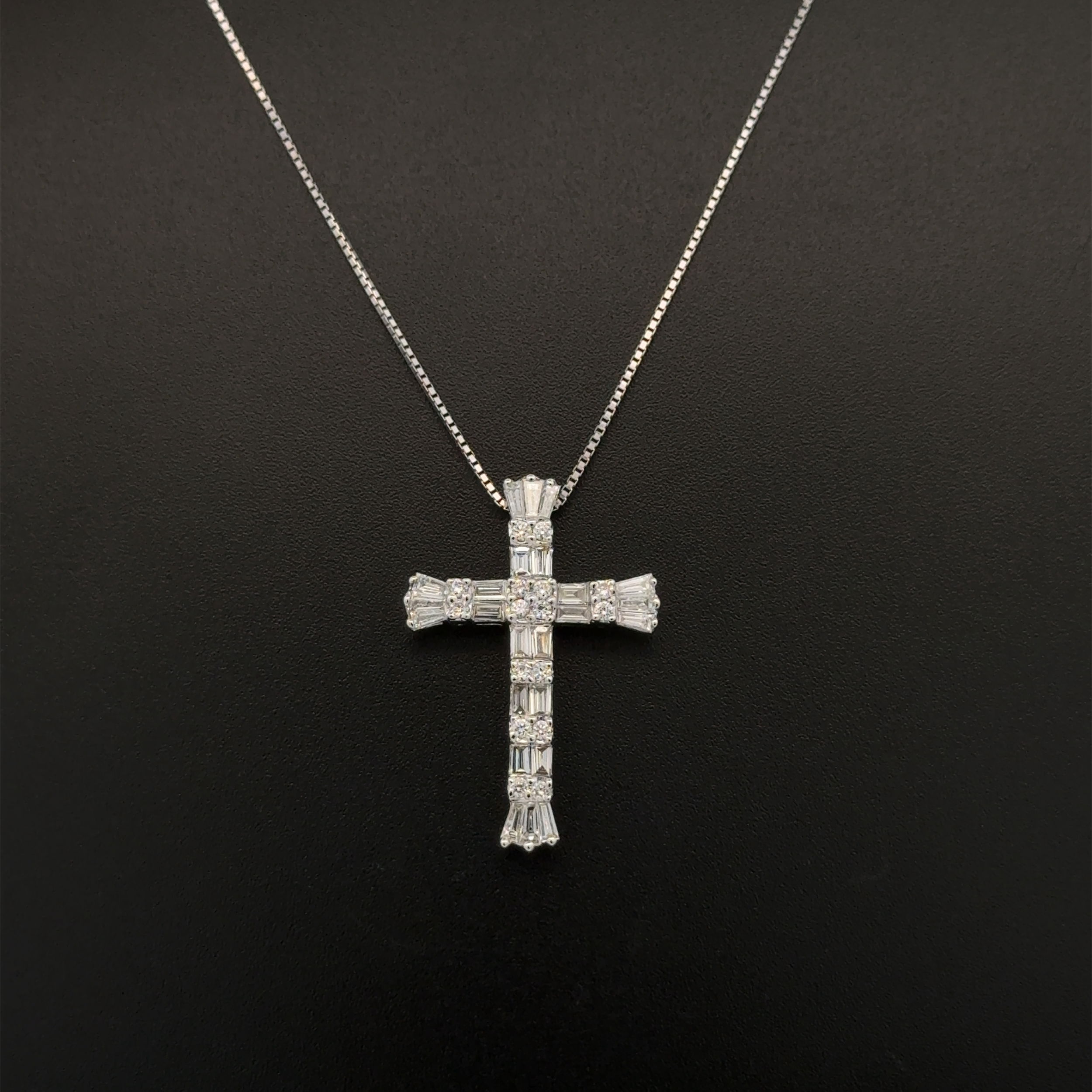 18K WG 1.10tcw Baguette & Round Diamond Cross Pendant Necklace 4.6g, 18"