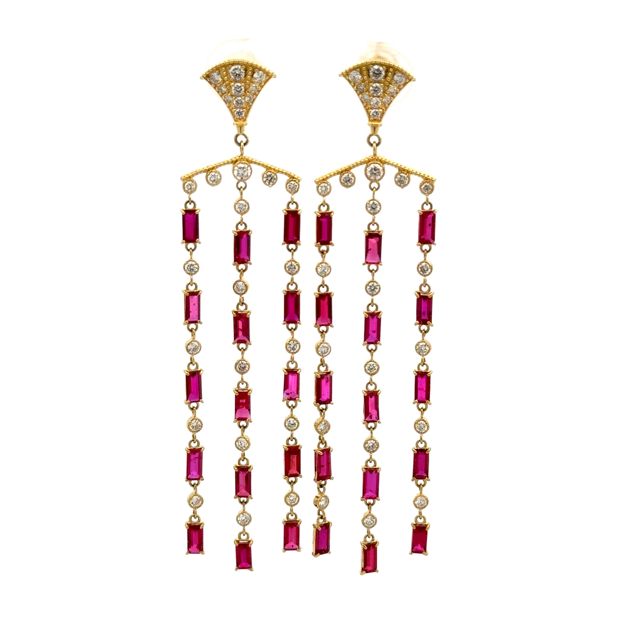 18K YG 2.20tcw Baguette Ruby & .74tcw RBC Diamond Chandelier Earrings 5.4g, 2.5"