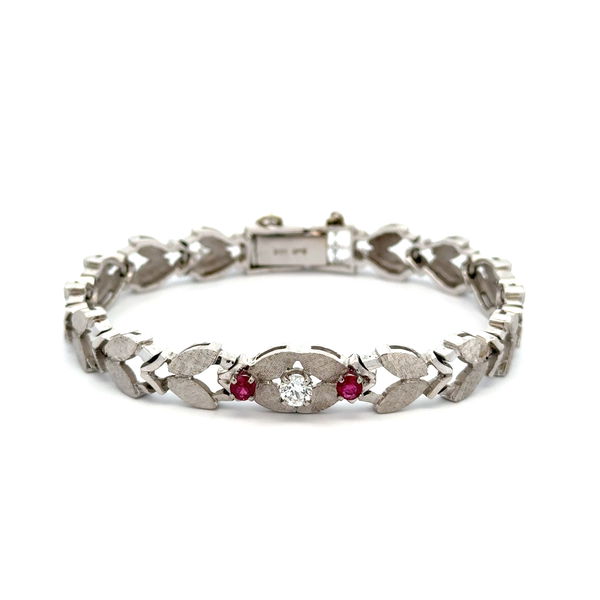 Closeup photo of 14K WG Retro Leaf Design .20ct RBC Diamond & .30tcw Ruby Bracelet 15.9g, 6.5"