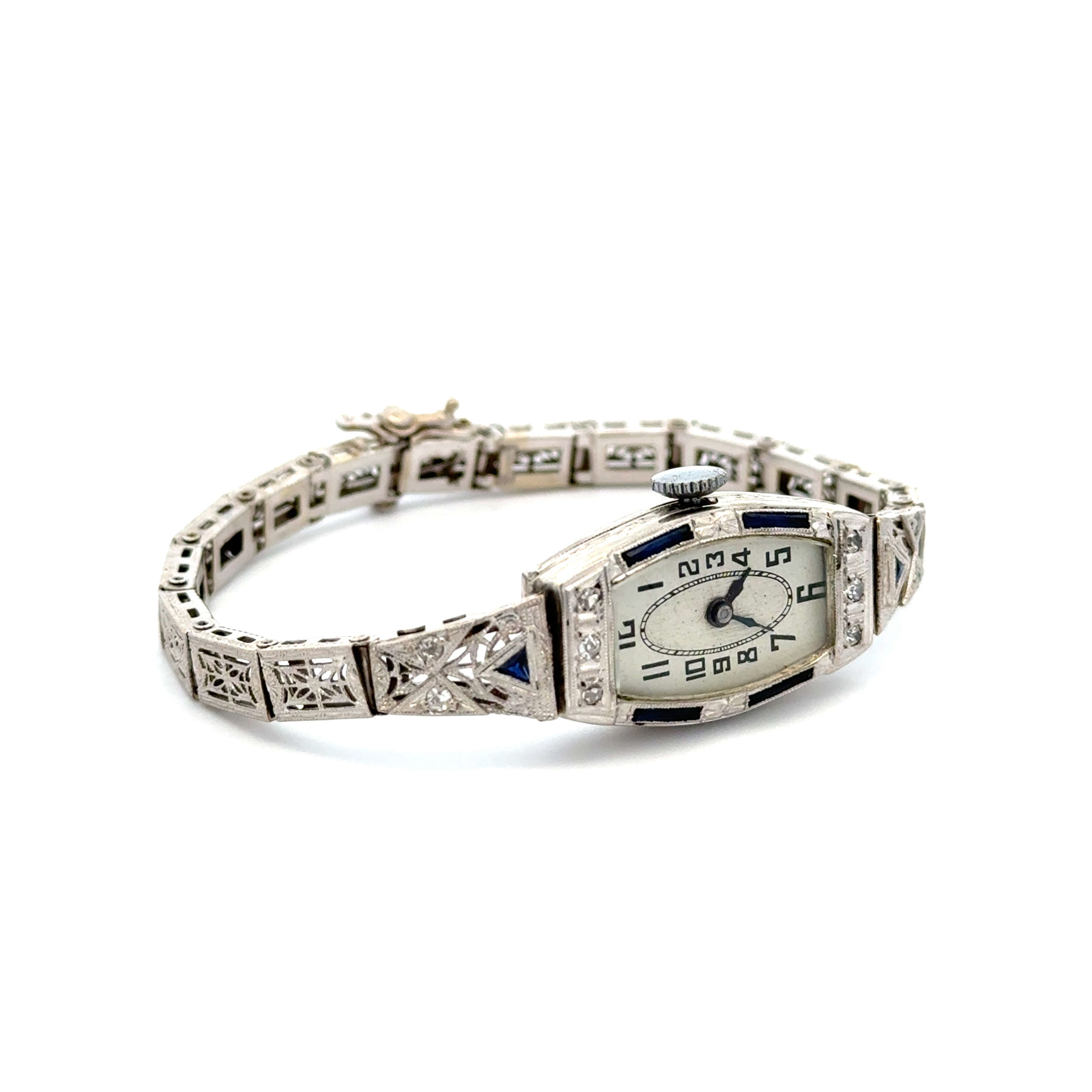 14K & 18K Art Deco Watch Bracelet .18tcw Diamonds & Blue Stones 15.0g, 6"