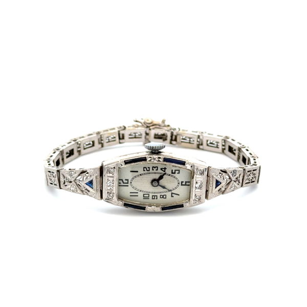 Closeup photo of 14K & 18K Art Deco Watch Bracelet .18tcw Diamonds & Blue Stones 15.0g, 6"