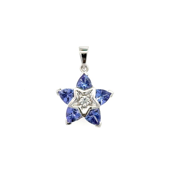 Closeup photo of 14K WG 2.00tcw 5 Trillion Tanzanite and .06ct RBC Diamond STAR Pendant 3.3g
