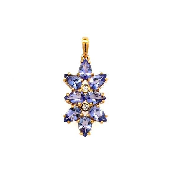 Closeup photo of 18K YG 2.50tcw 8 Pear Tanzanite and .05tcw RBC Diamond Flower Pendant 3.2g