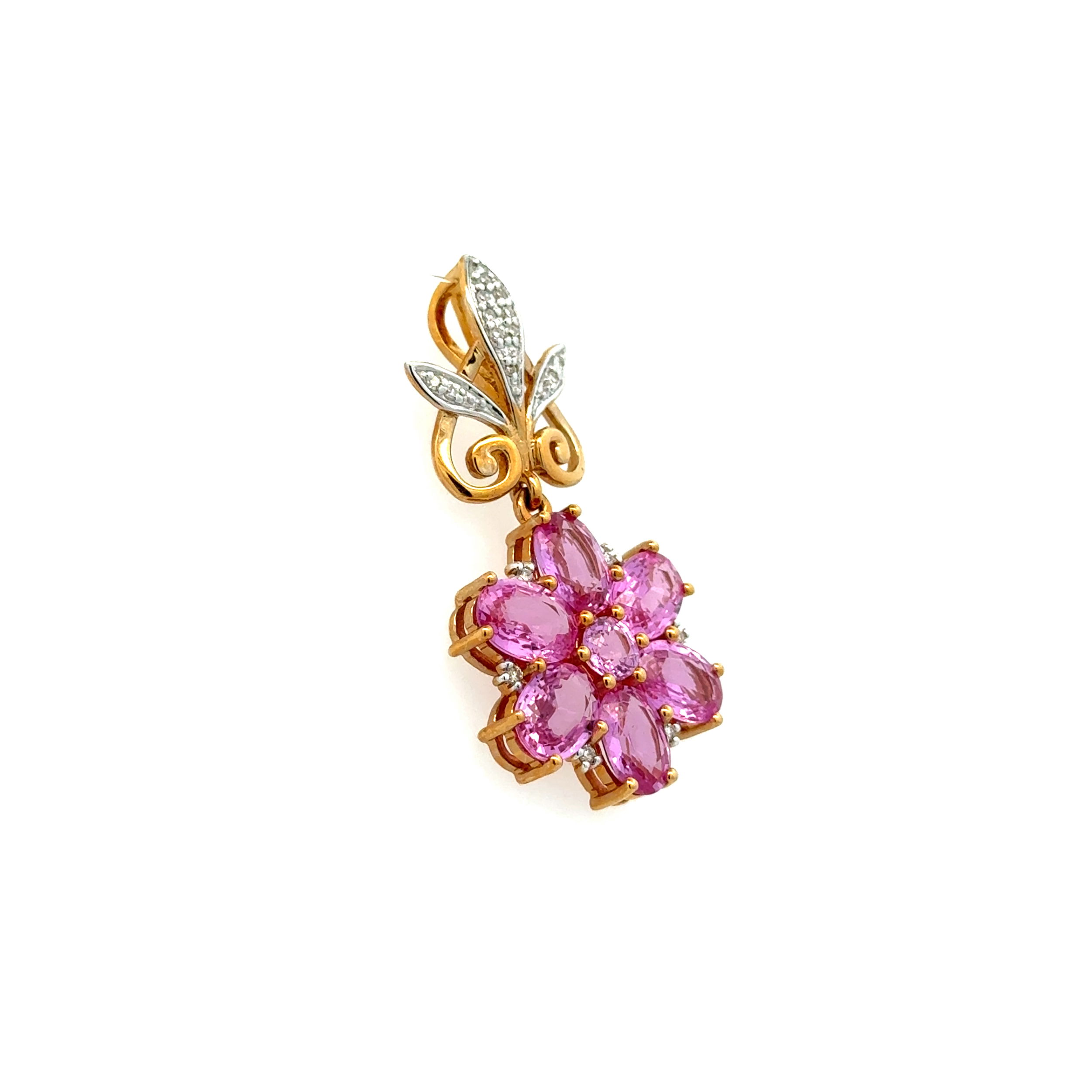 18K YG 5.75tcw 7 Oval & Round Pink Sapphire and .09tcw RBC Diamond Flower Drop Pendant 5.9g