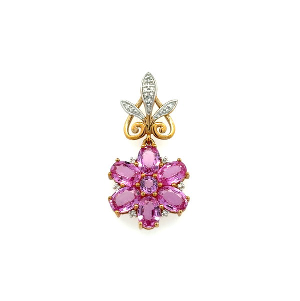 Closeup photo of 18K YG 5.75tcw 7 Oval & Round Pink Sapphire and .09tcw RBC Diamond Flower Drop Pendant 5.9g